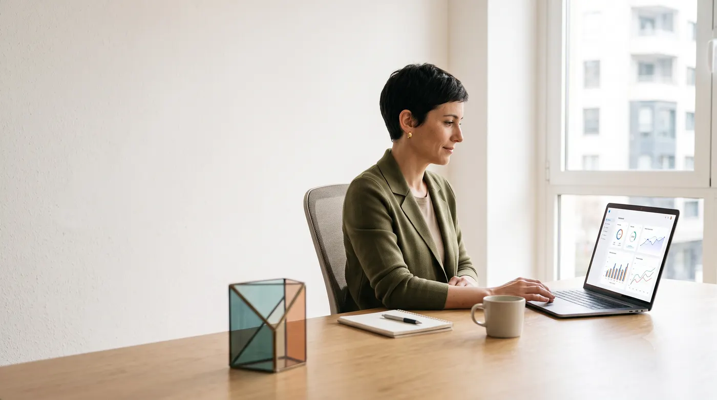 Professional reviewing a data dashboard on a laptop